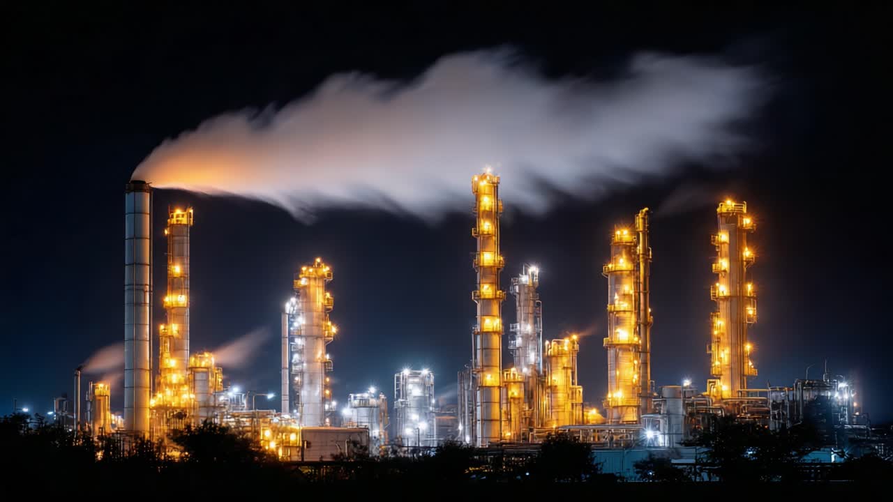 Dramatic Night View of a Vibrant Industrial Complex with Emission Stacks and Illuminated Structures, Showcasing Modern Energy Production and Urban Development