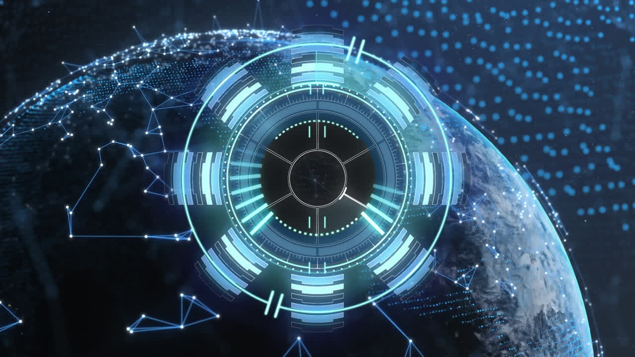 Animation of scope scanning with clock over globe and network of connections on black background