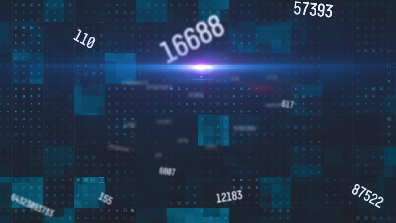 Animation of numbers and data processing over blue squares