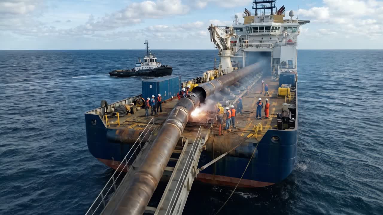 Workers Welding Large Pipes on an Offshore Pipe-Laying Vessel