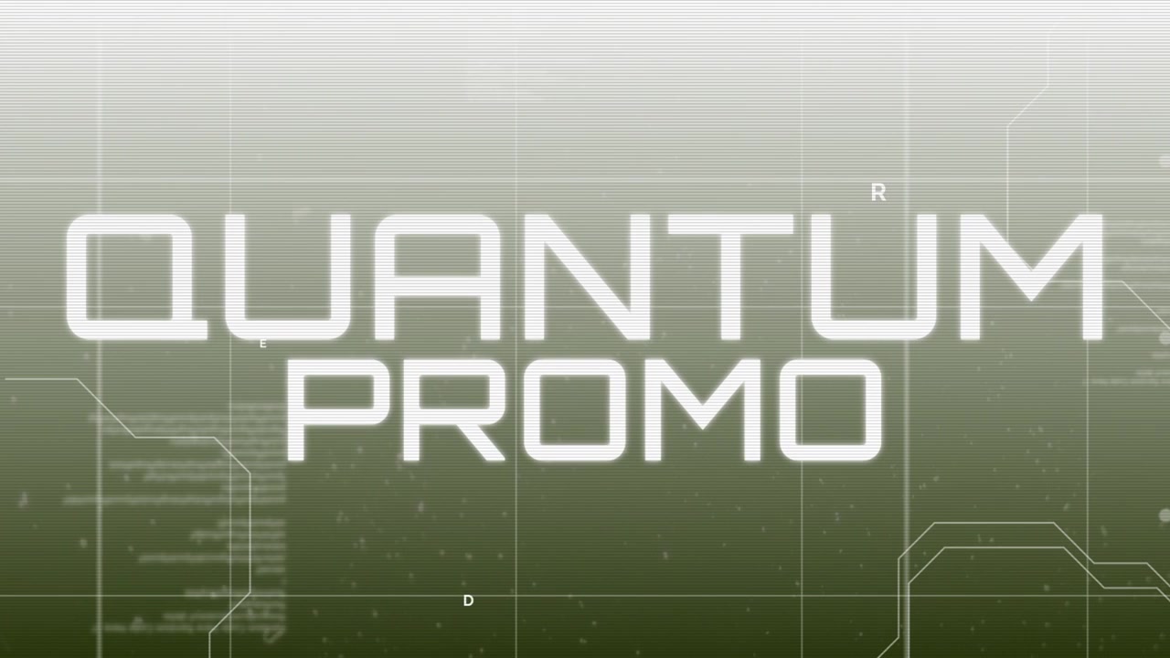 Lettere alla deriva che trasformano il testo bianco in Quantum Promo su un'interfaccia a griglia con linee di circuito
