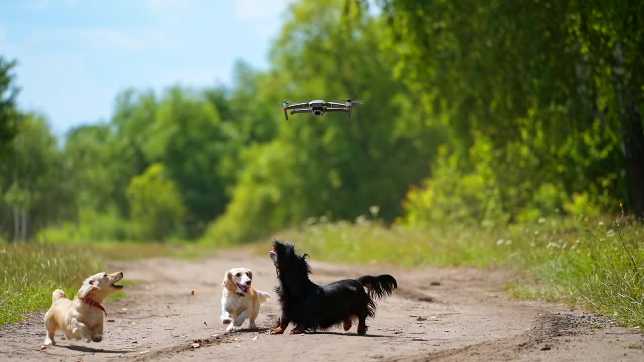 Three dogs playing outside. Looking above and running ahead. Trying to catch dron or quadrocopter. Nature background. Small breeds. Video of cute dogs.