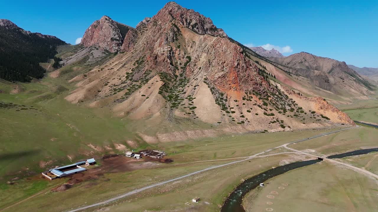 Drone flying above a vast valley in Kyrgyzstan, capturing breathtaking views of rolling hills, alpine meadows aerial wide landscape showcases untouched nature and traditional nomadic in Central Asia