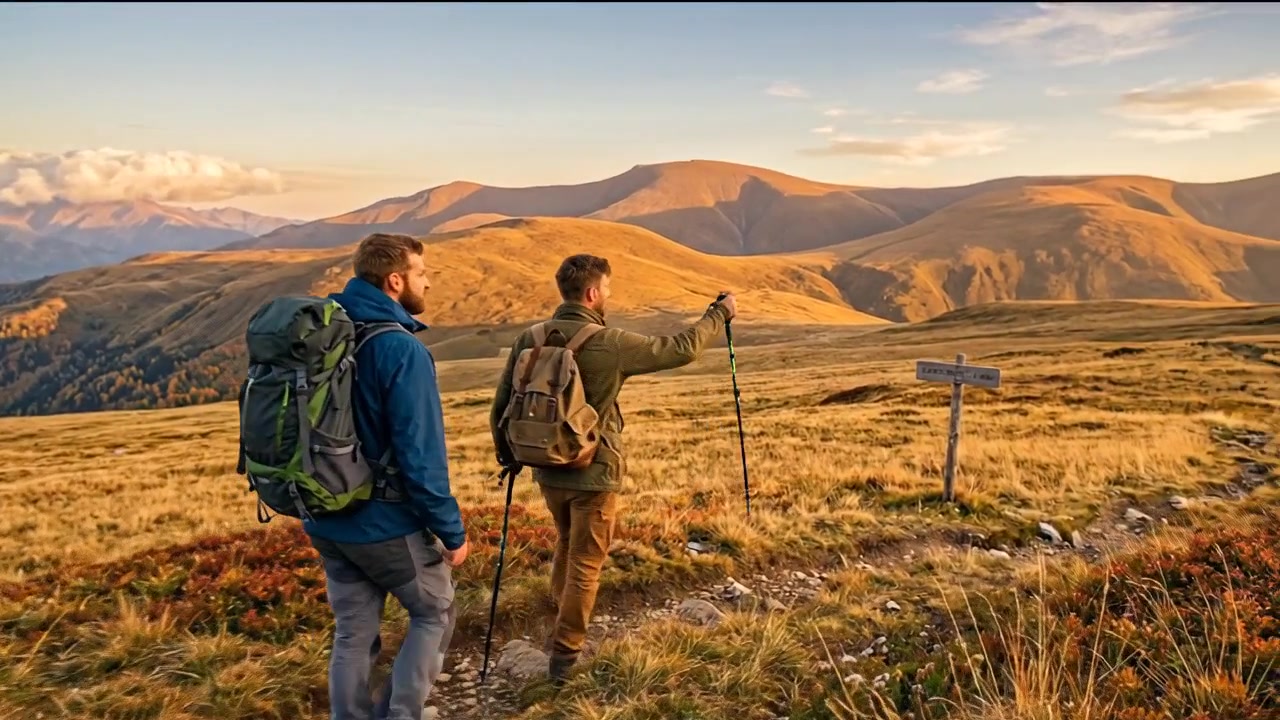 Filmato di escursionismo all'aperto e avventura nella natura con persone che esplorano paesaggi montani e forestali panoramici