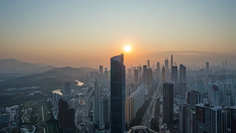 aerial scenery of modern city skyline, commercial office buildings in financial district at sunrise time, residential apartment home near river and bridge