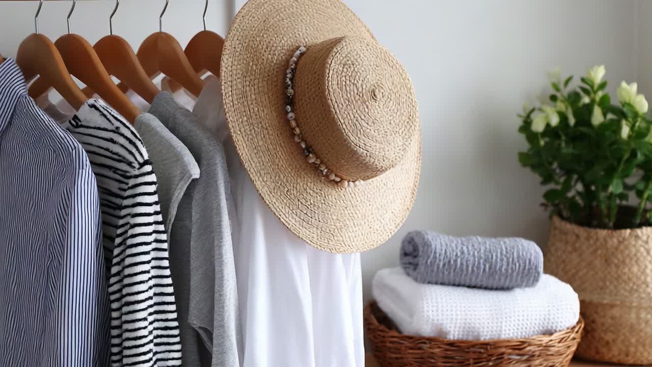 Organizzazione elegante della casa: una disposizione accogliente di abbigliamento, accessori ed elementi naturali in uno spazio interno chic per un'estetica rinfrescante