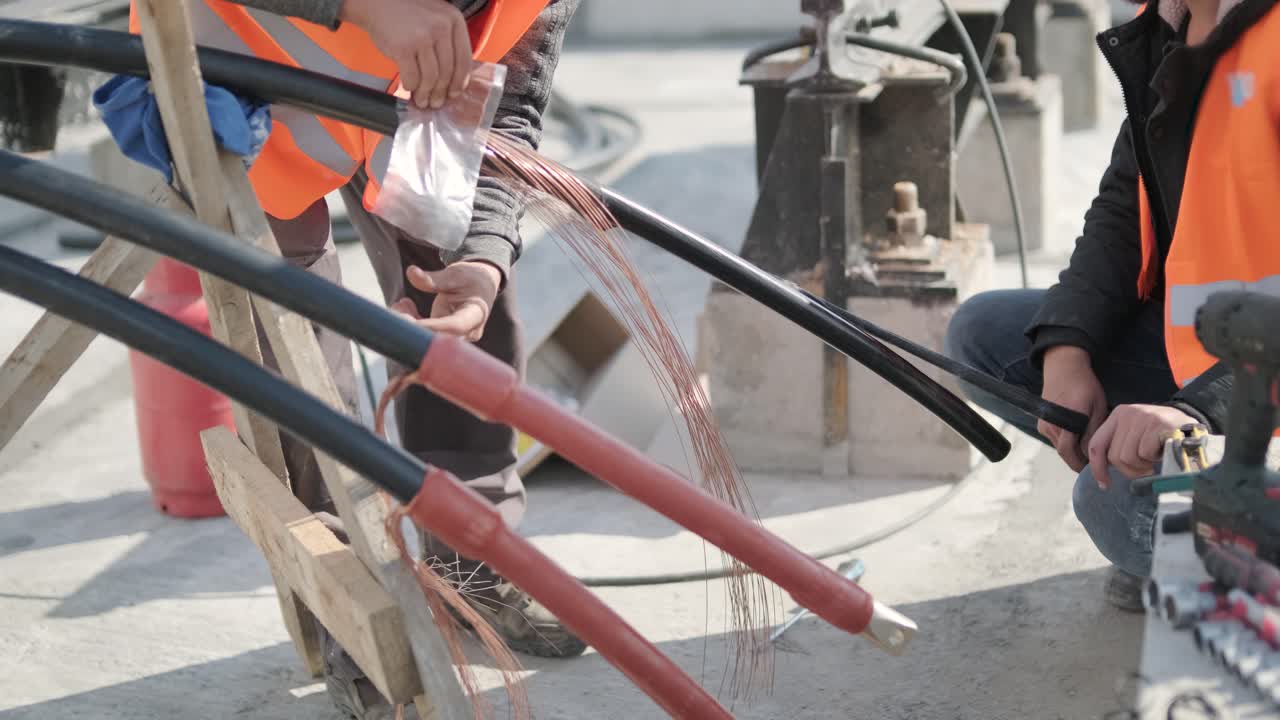 Power cable installation process at a transformer substation | Premium ...