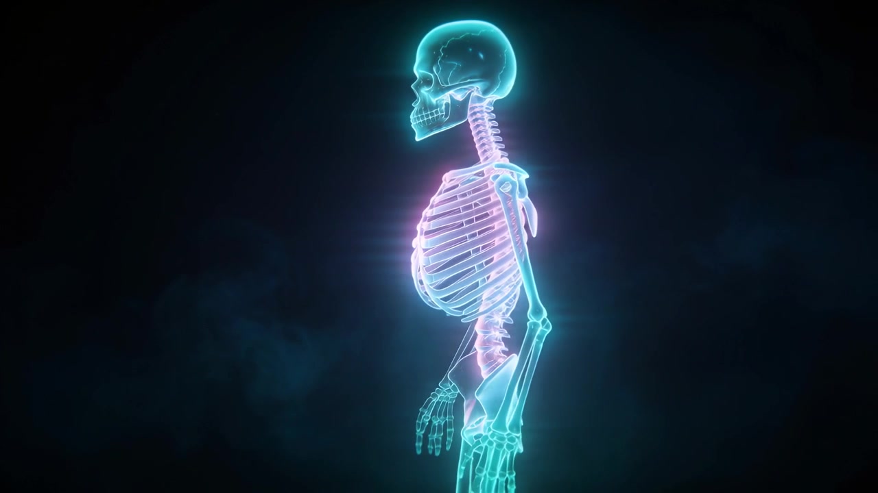 Scheletro al neon rotante con un loop che inizia a girare a destra in un vuoto nebbioso, con gabbia toracica e colonna vertebrale pulsanti.