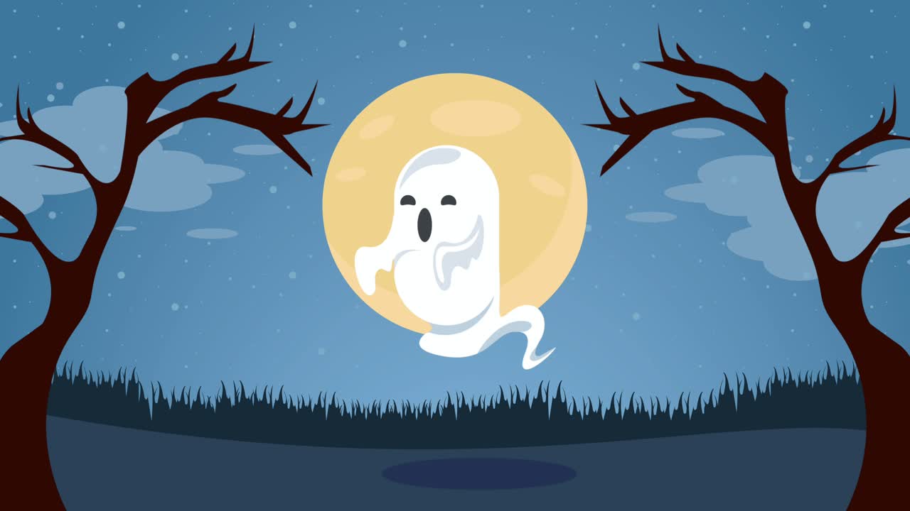 happy halloween animation with ghost at night
