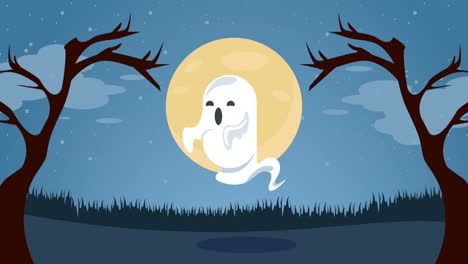 feliz animación de halloween con fantasma por la noche