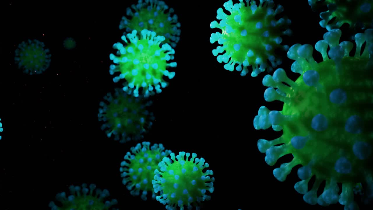 en primer plano, el coronavirus tipo covid-19, h1n1, la gripe aviar o la gripe porcina se mueven suavemente en el fluido. representación 3d del virus como fondo de bucle microscópico microbiológico. gradiente azul verde 3