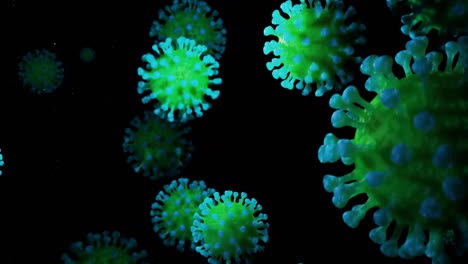 en primer plano, el coronavirus tipo covid-19, h1n1, la gripe aviar o la gripe porcina se mueven suavemente en el fluido. representación 3d del virus como fondo de bucle microscópico microbiológico. gradiente azul verde 3