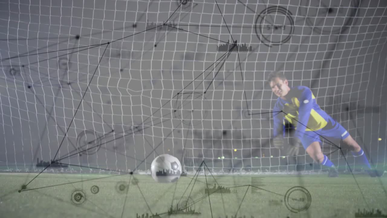 Shooter kicking ball trying to score, causing sports overlay with nodes, goalie diving, ball in net
