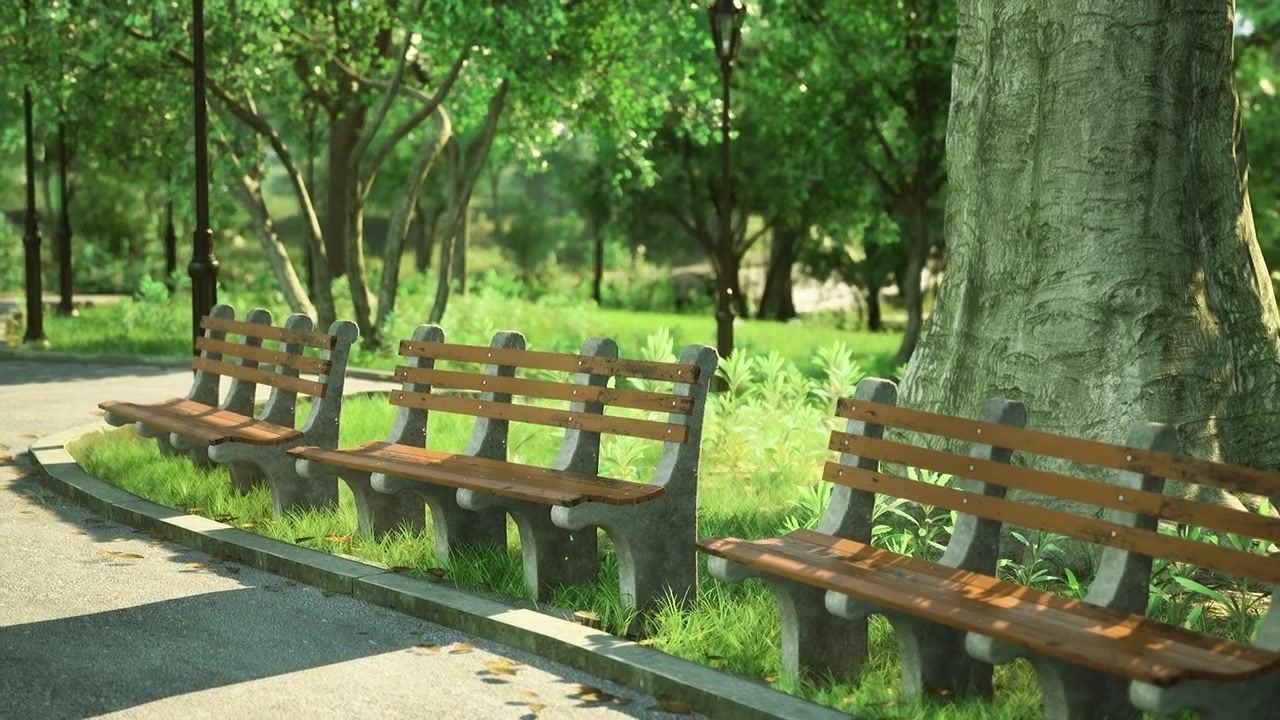Tranquil park benches calm outdoor setting with benches and leafy shade