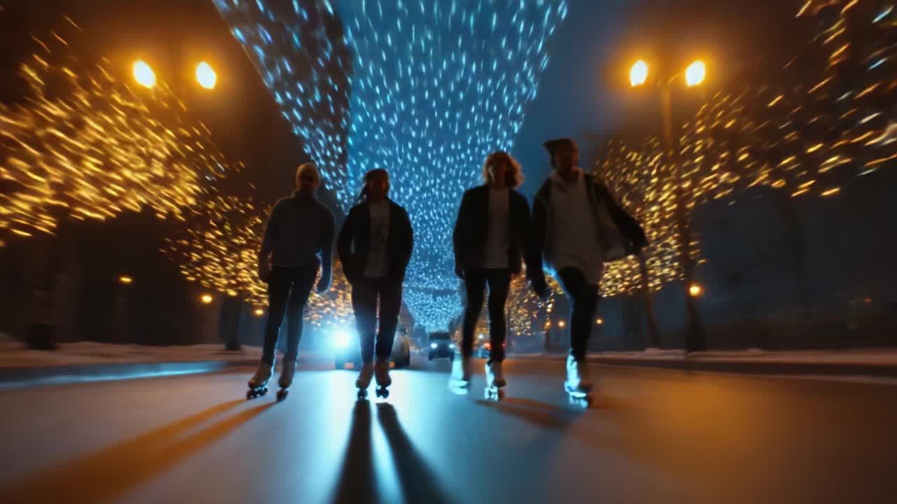 Four friends glide through a sparkling winter evening, illuminated by enchanting lights strung above the street, creating a magical atmosphere as they roller skate, surrounded by festive decorations