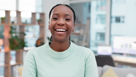 Face,-laughing-and-black-woman-in-a-lounge