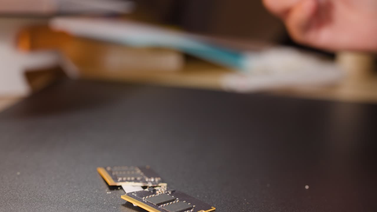 Close up shot of hands snapping a computer RAM module in half over a desk