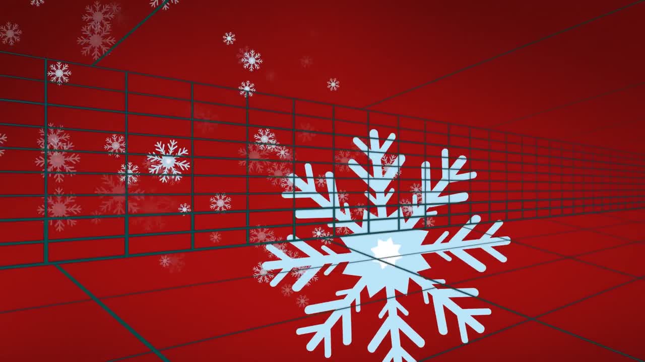 animación de iconos de copos de nieve que caen sobre el túnel en un patrón sin costuras contra un fondo rojo.