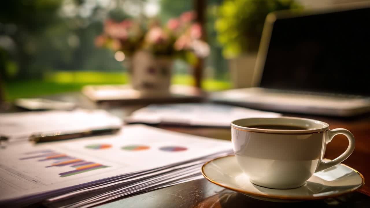 A Serene Workspace: A Coffee Cup Resting on a Stacked Documents Amidst a Lush Garden View, Perfect for Inspiration and Productivity
