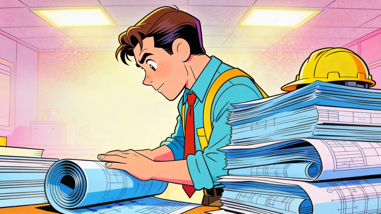 Unrolling plan, drafter flattening and inspecting details at desk, shirt and tie with yellow helmet
