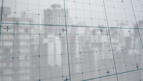 animation of grid lines and plus signs overlaying blurred cityscape background
