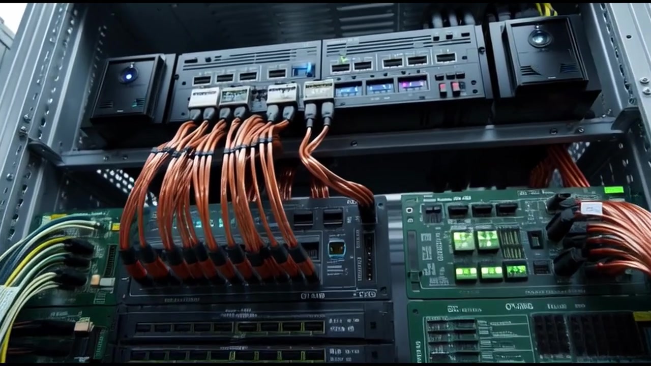 Close-up of Network Server Hardware with Fiber Optic Cables