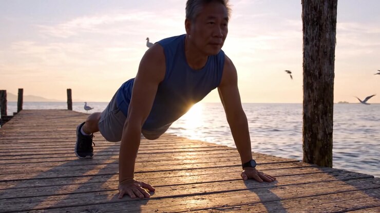 A strong individual demonstrates dedication and resilience while performing push-ups at sunset on a tranquil dock, emphasizing fitness and determination against a stunning backdrop.