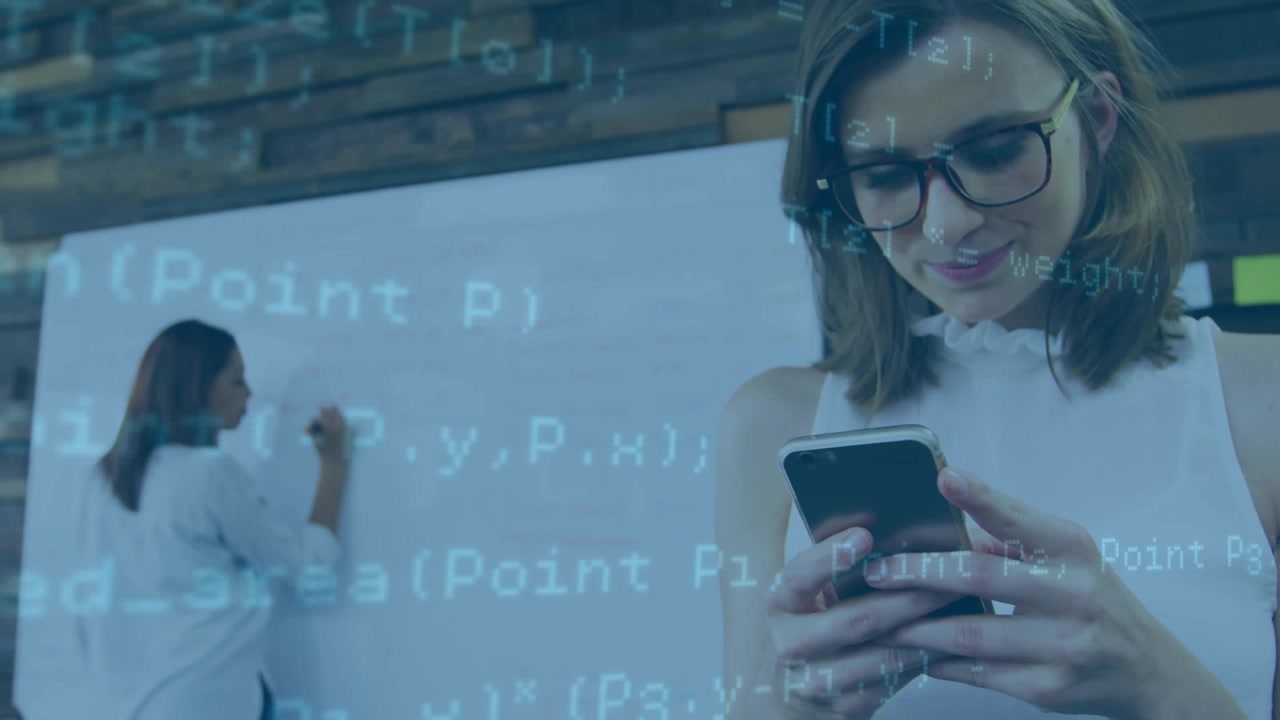 Animation of data processing over business people using phone headsets