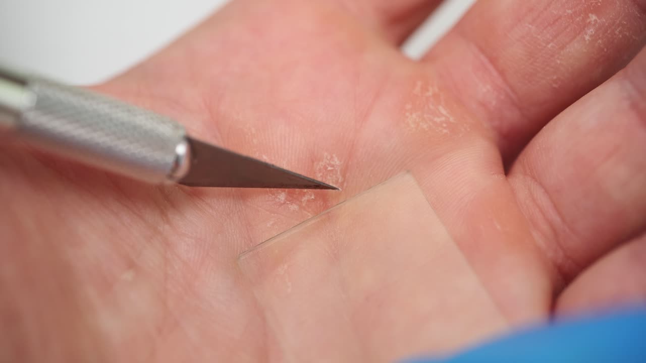 Laboratorieforsker tager prøve af patients sprukne hud