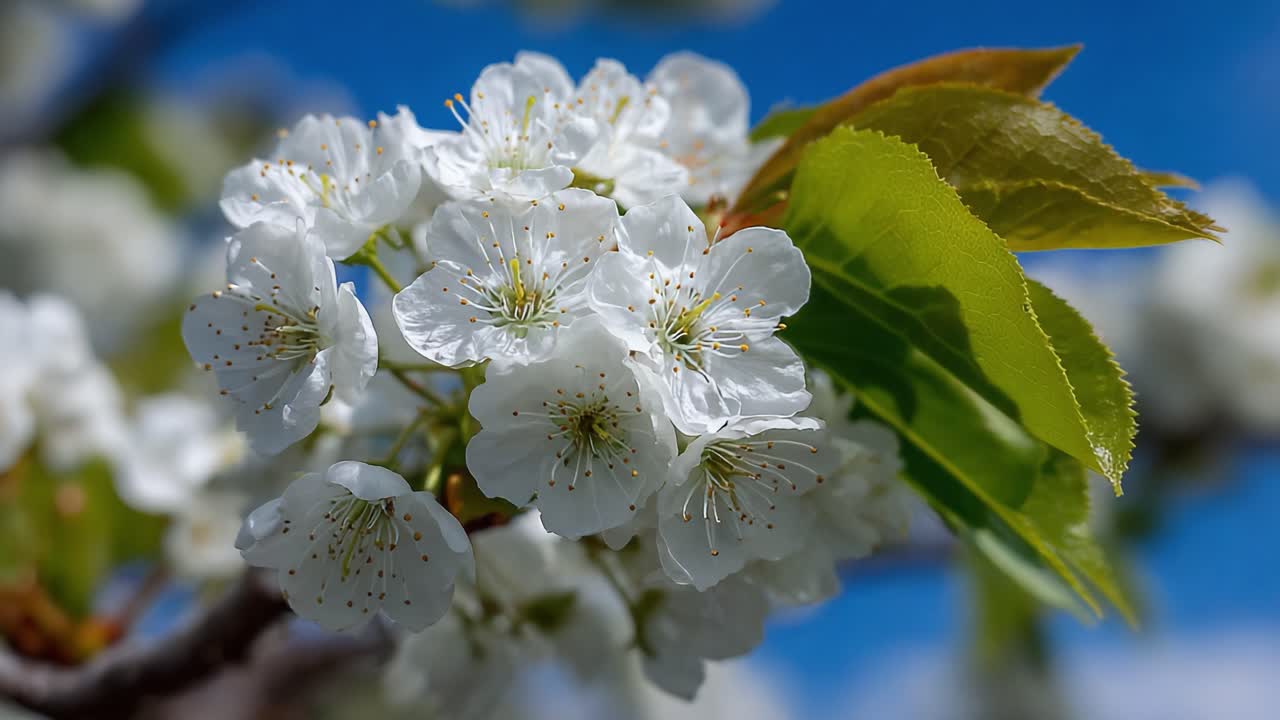 Una vista in primo piano di delicati fiori bianchi contro un cielo azzurro limpido, che evidenzia la bellezza della natura nella stagione primaverile.