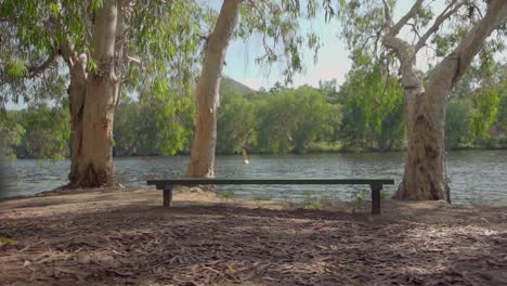 bench by the river in city park