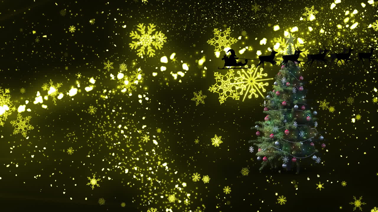 animación de nieve cayendo sobre santa claus en trineo con renos y árbol de navidad