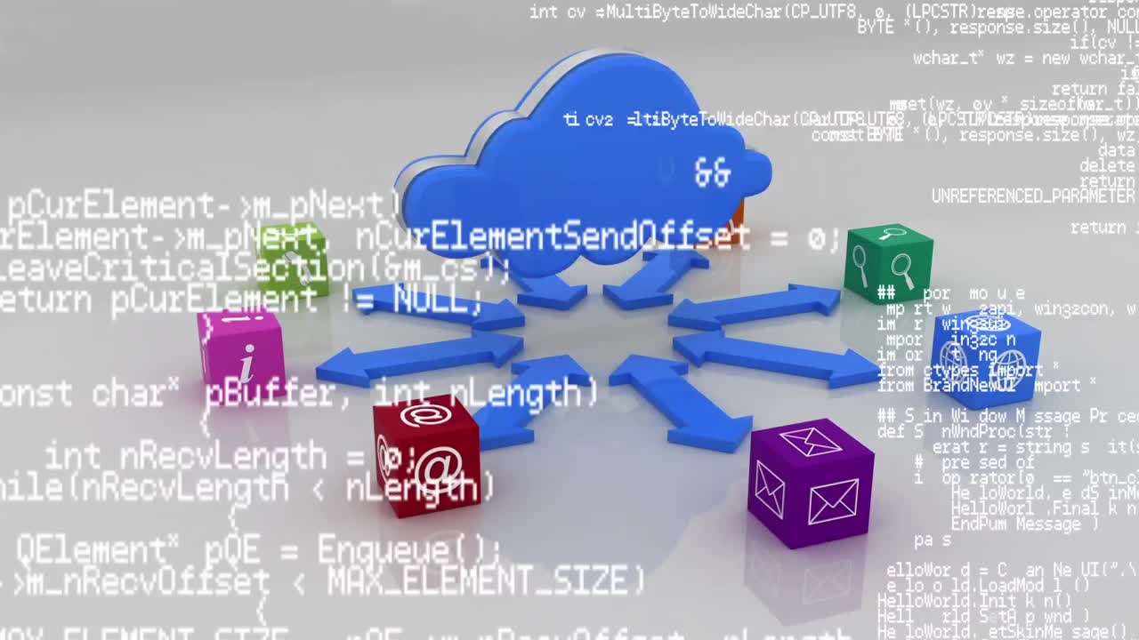 Animation of blue cloud with digital icons, arrows and data processing