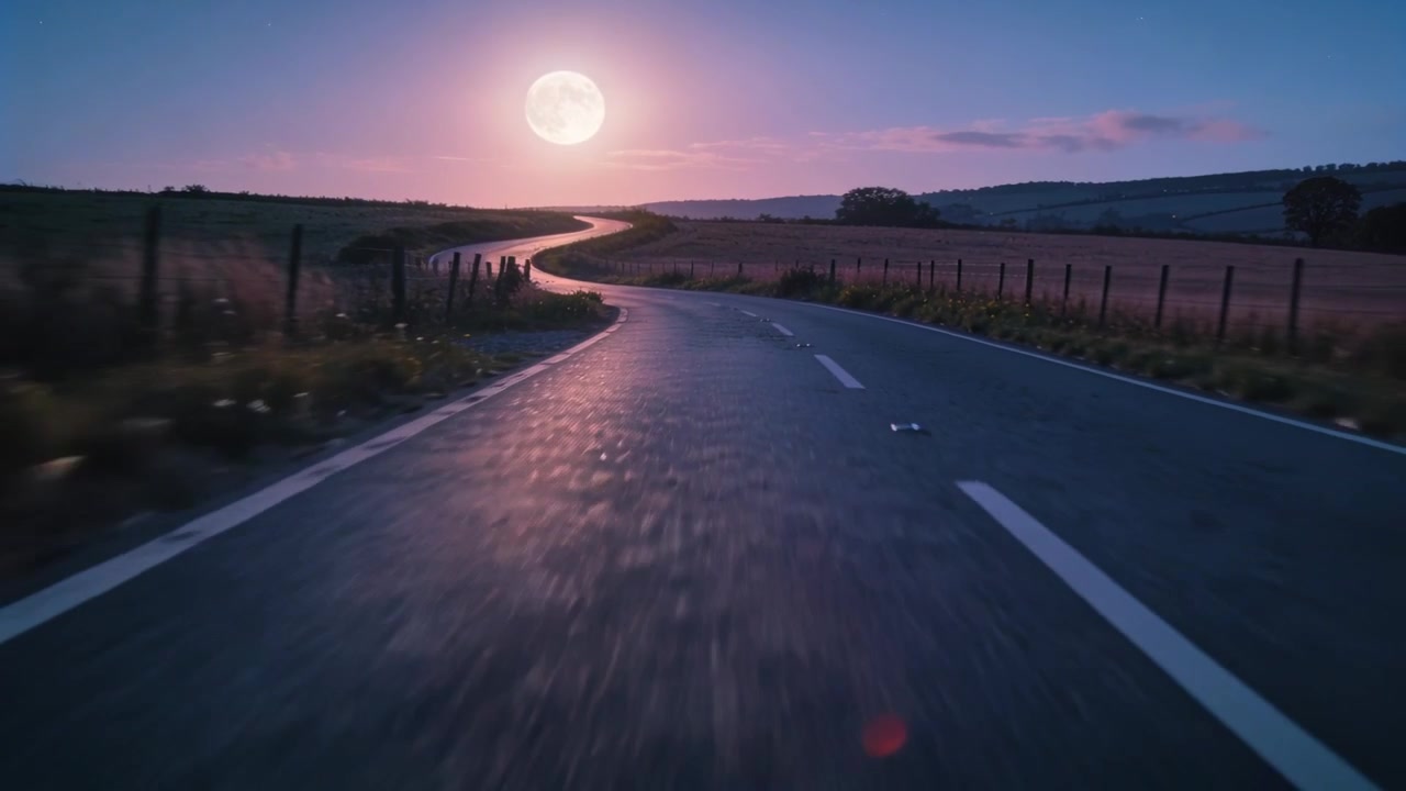 Telecamera bassa che avanza lungo una strada bagnata a due corsie verso la luna piena, con recinzioni.