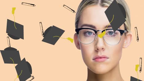 animation of woman and graduation cap and pencil icons on green background