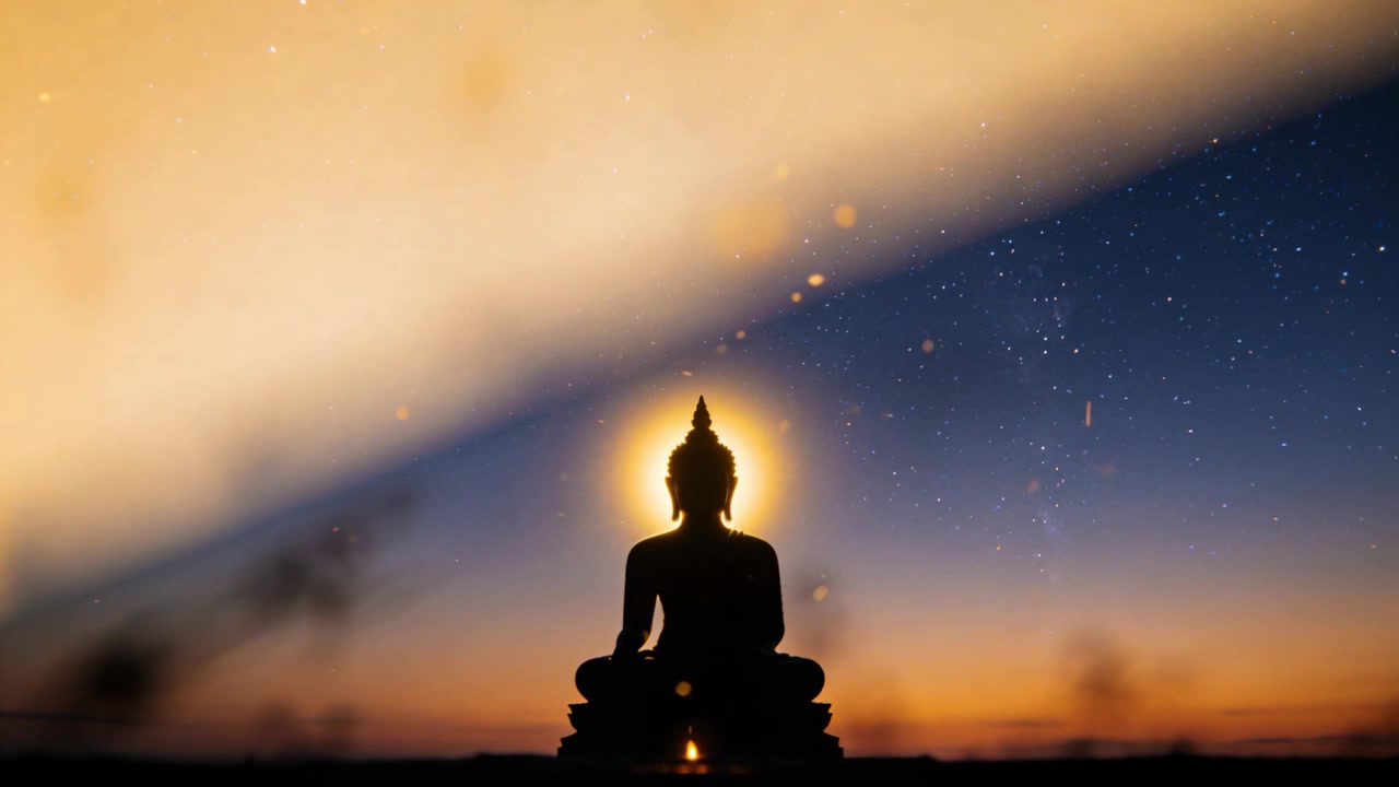 Alone che si forma dietro la sagoma di una statua di Buddha all'orizzonte, sole che tramonta, fascia che si dissolve, stelle che scintillano.