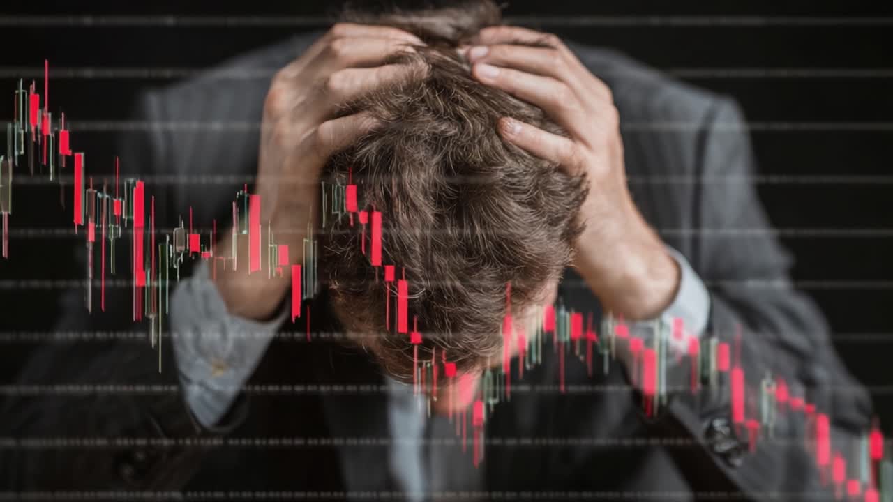 A Frustrated Individual Holding His Head in Despair Amidst a Declining Stock Market Graph, Symbolizing Financial Stress and Emotional Turmoil