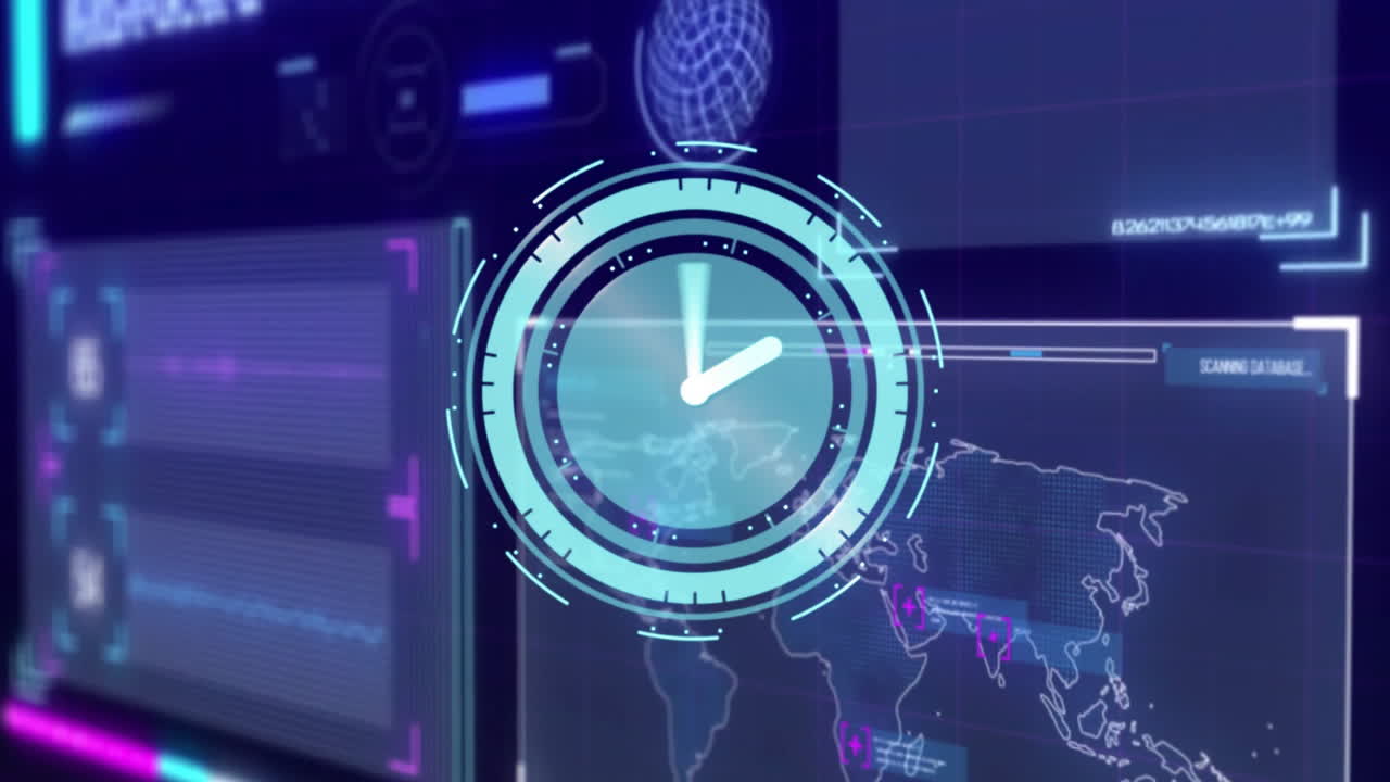 Digital clock animation over futuristic data processing screens and world map