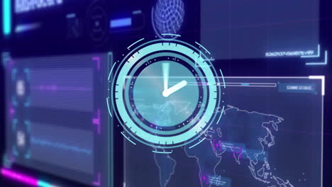 Digital-clock-animation-over-futuristic-data-processing-screens-and-world-map