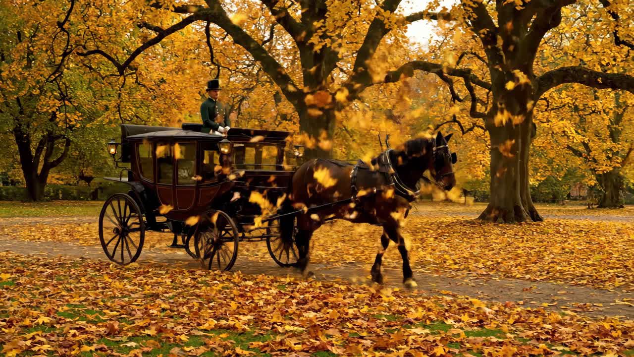 Carrozza trainata da cavalli in ambiente autunnale