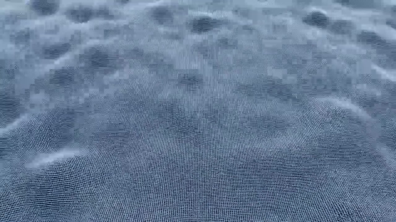 Blue Mesh Terrain Rippling Dramatically Under Cool Light, Closeup Of Textured Grid With Cratered Bumps, Moody
