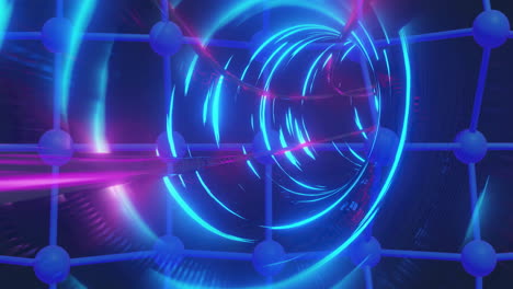 túnel de neón azul y rojo animado sobre la estructura molecular