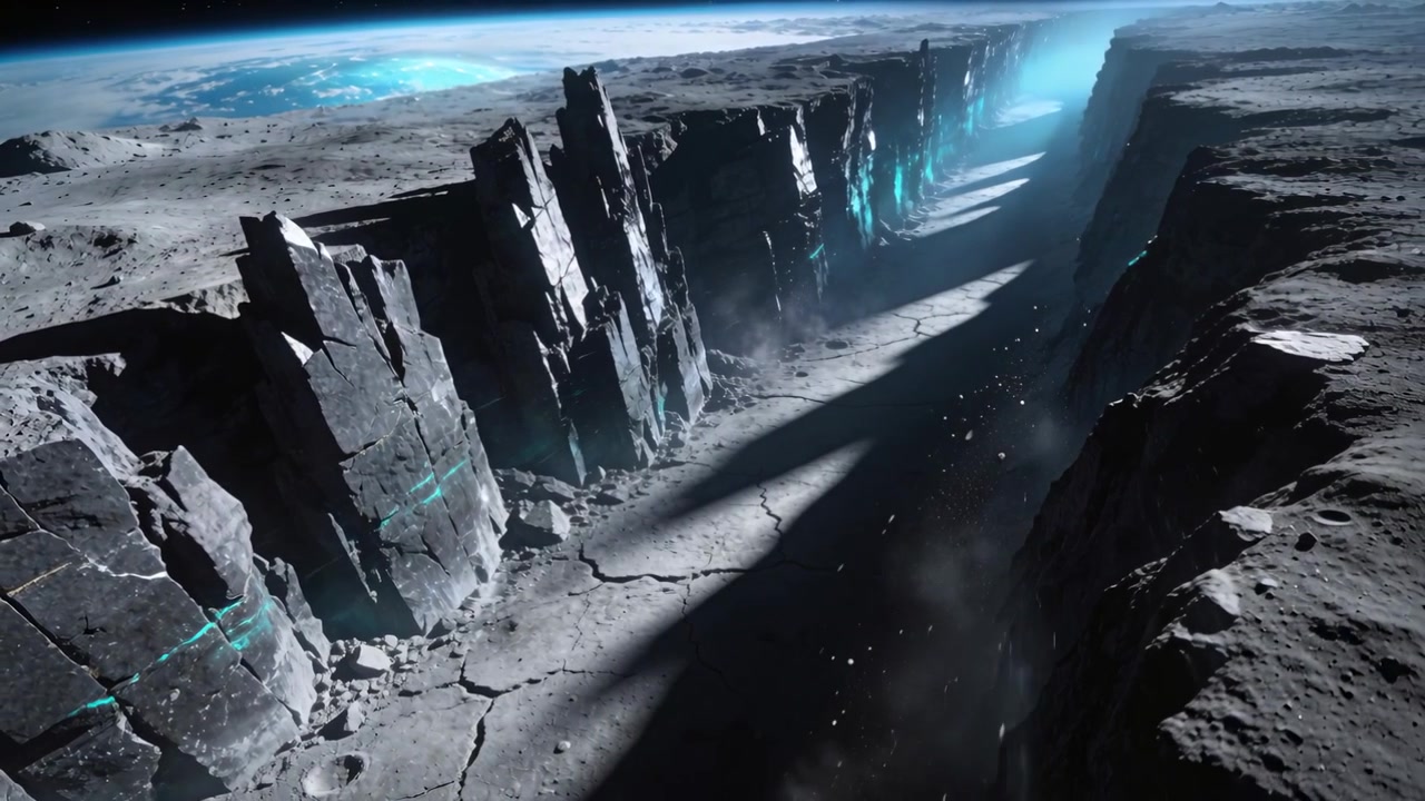 Starting camera tracking forward right over barren chasm, revealing turquoise veins, drifting dust