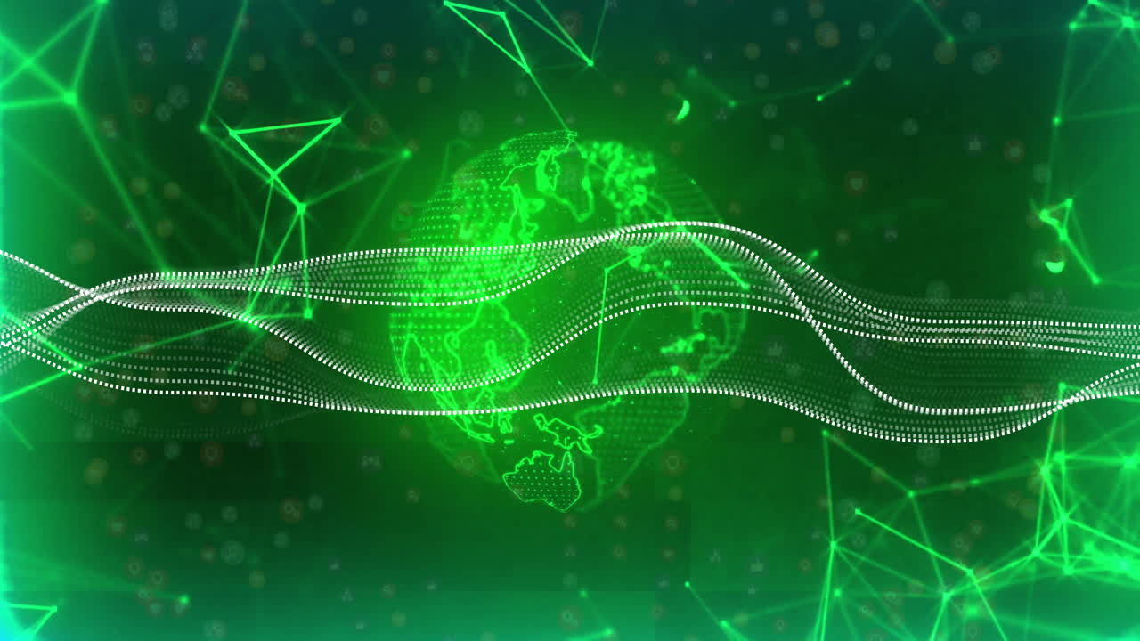 Green digital globe with flowing data lines and network connections animation