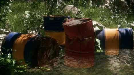 Rusty-barrels-in-green-forest