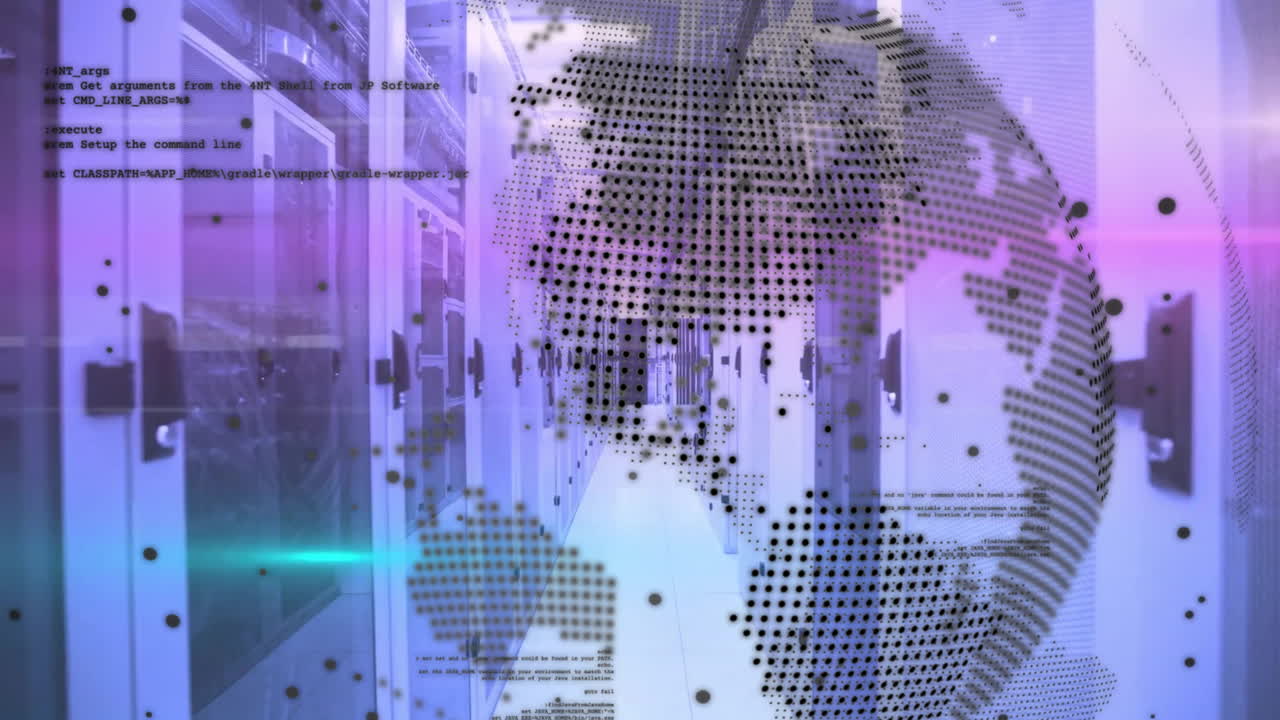 Animation of globe with data processing over computer servers