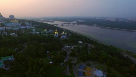 aerial view kiev pechersk lavra on evening sky landscape. panoramic city view