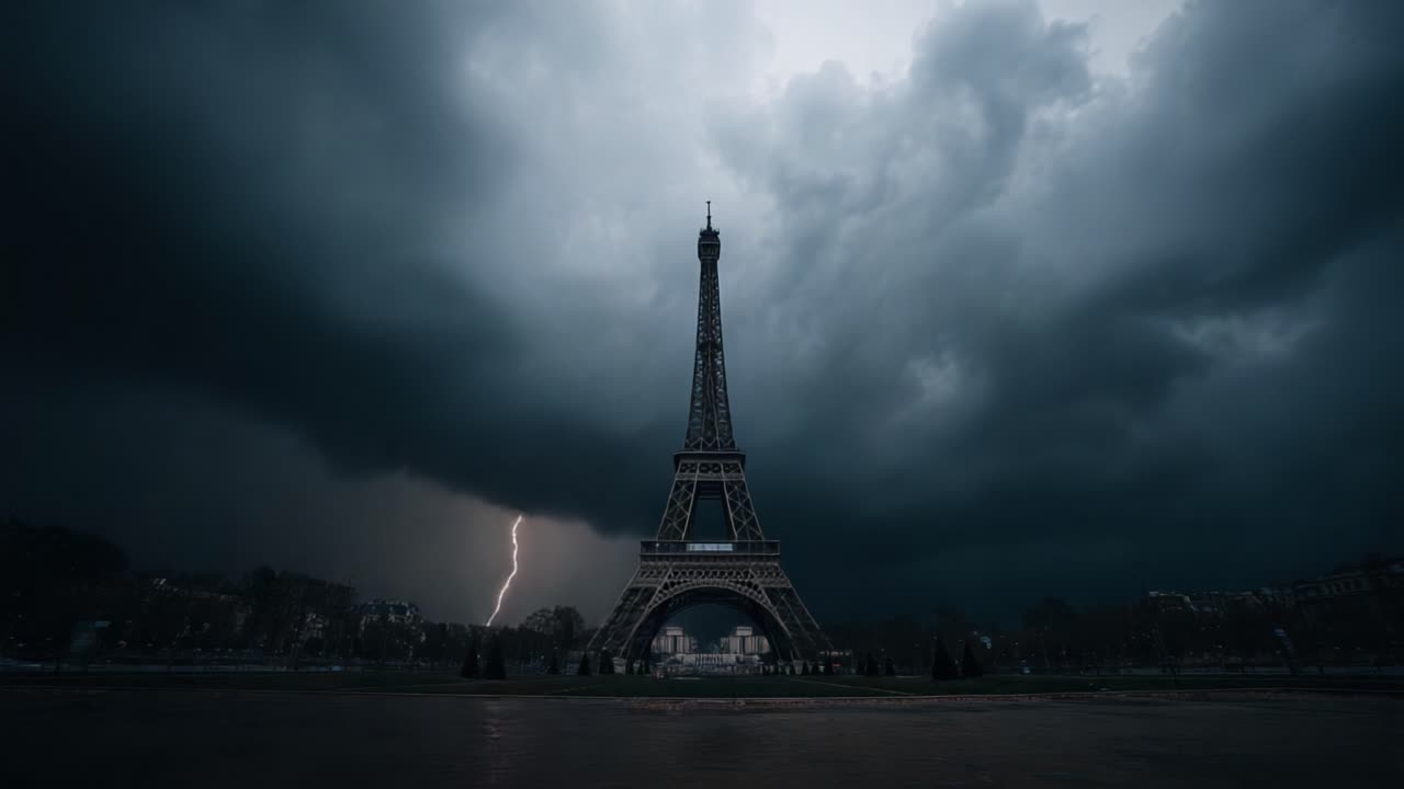 Một khung cảnh ấn tượng của Tháp Eiffel được bao quanh bởi những đám mây bão và sét đánh dữ dội, ghi lại bầu không khí căng thẳng của cơn thịnh nộ của thiên nhiên tại một địa danh thành phố.