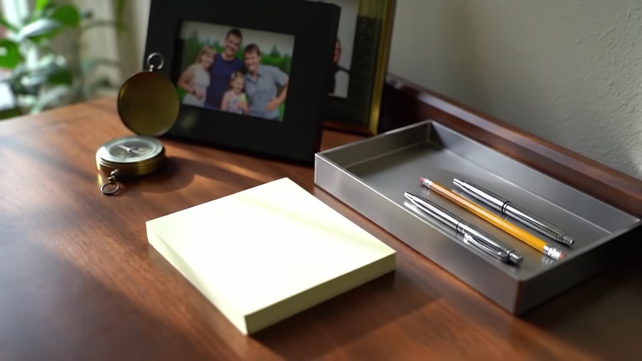 A Peaceful Workspace Displaying Personal Touches: A Wooden Desk Featuring a Photo Frame, Notepad, Pens, and a Classic Compass Evokes a Sense of Creativity and Nostalgia