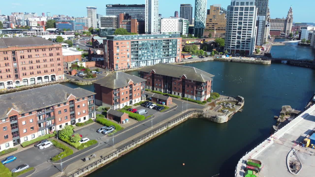 Aerial drone view of city and port of Liverpool United Kingdom